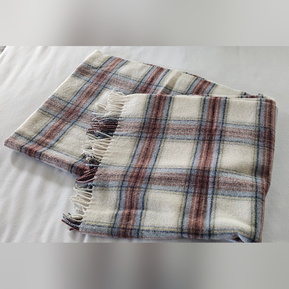 L.L. Bean Wool Plaid Scarf - Amber Clay and Blue